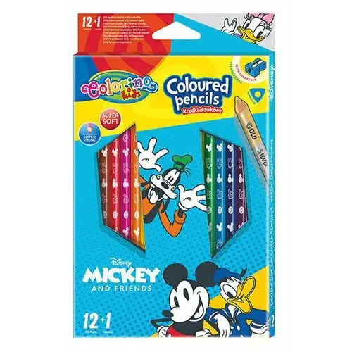 Kredki ołówkowe, trójkątne z temperówką, Colorino Kids, Mickey, 13 kolorów