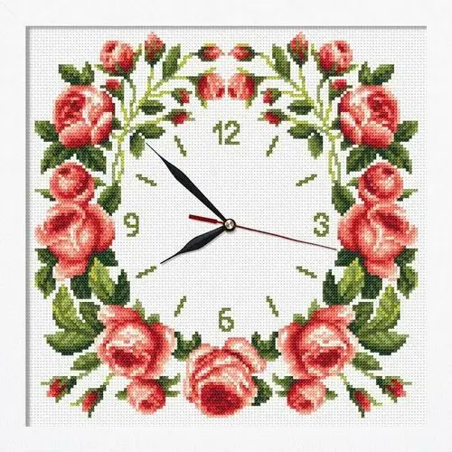 Coricamo Haft krzyżykowy - zestaw z muliną, zegarem i ramką - zegar z różami