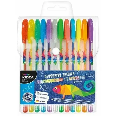 Derform Kidea, długopisy żelowe fluorescencyjne z brokatem, 12 kolorów