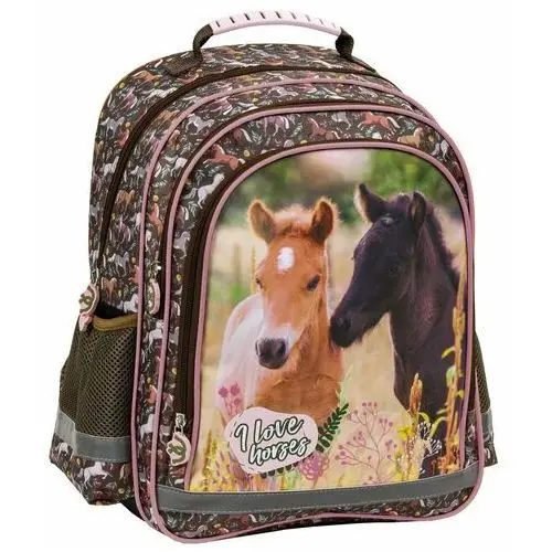 Plecak szkolny dla chłopca i dziewczynki brązowy Derform konie dwukomorowy