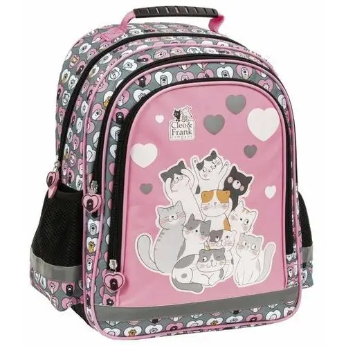 Plecak szkolny dla dziewczynki szaro-różowy cleo&frank kotki dwukomorowy Derform