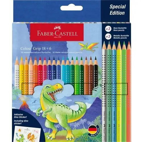 Kredki grip dinozaury 18 kolorów + 6 kolorów metalicznych + naklejki Faber-castell