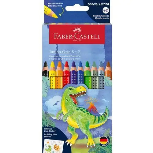 Kredki jumbo grip edycja dinozaury 8 kolorów standardowych + 2 kolory metaliczne + naklejki Faber-castell