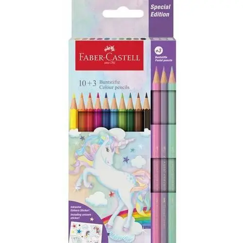 Faber-castell , kredki sześciokątne jednorożec faber-castell 10 kolorów + 3 kolory pastelowe + naklejki