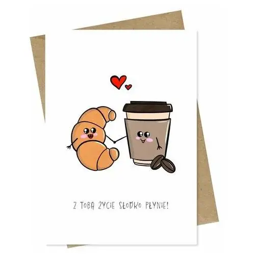 Kartka Walentynkowa Kawa i Rogal dla Niej Niego Urodzinowa Śmieszna Miłość / Papierove Love