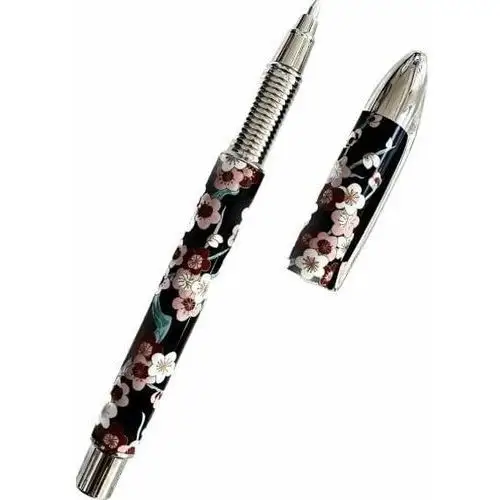 Inny producent Scribblicious- długopis czarny w kwiaty oraz srebrnymi elementami niebieski