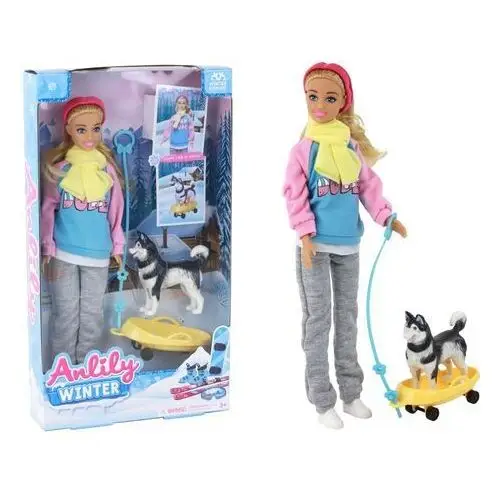 Lean toys Lalka anlily z pieskiem husky sanki zimowa odsłona 3