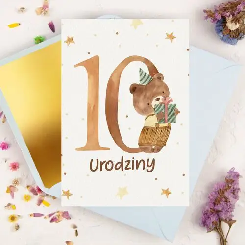 Kartka na dziesiąte urodziny dziecka z cyfrą 10 i małym misiem - Little Teddy + koperta ozdobna