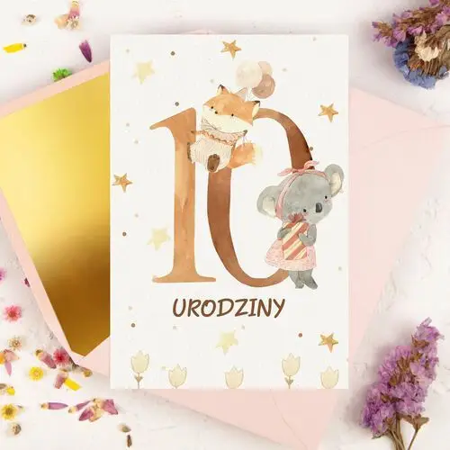 Lily zaproszenia Kartka na dziesiąte urodziny dziecka z cyfrą dziesięć i małymi zwierzątkami - little party + ozdobna koperta