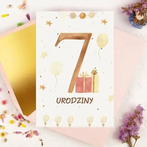 Lily zaproszenia Kartka na siódme urodziny dziecka z cyfrą siedem i prezentem - seven + koperta ozdobna