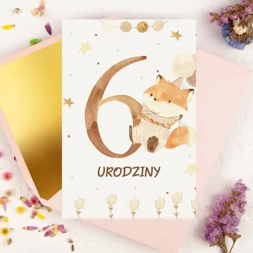 Lily zaproszenia Kartka na szóste urodziny dziecka z cyfrą i małym liskiem - little fox + koperta ozdobna