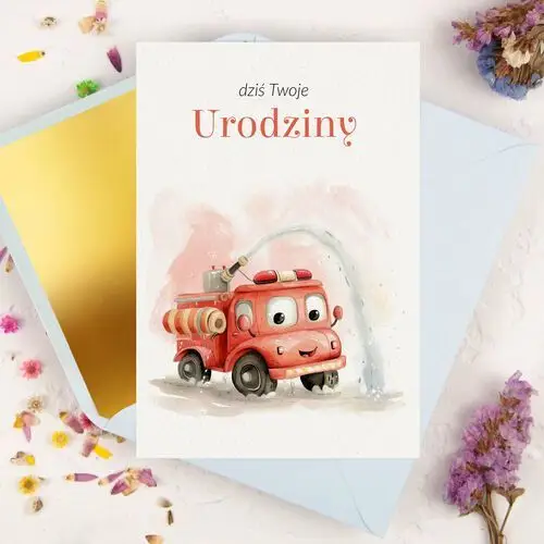 Kartka na urodziny dla chłopca strażaka ze strażą pożarną - Fire Truck + koperta ozdobna