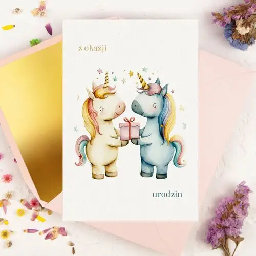 Lily zaproszenia Kartka na urodziny dla dziecka z małymi jednorożcami i prezentem - little unicorns + ozdobna koperta