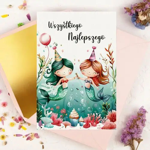 Kartka na urodziny dla dziewczynki z kolorowymi syrenkami - mermaid party + koperta ozdobna Lily zaproszenia