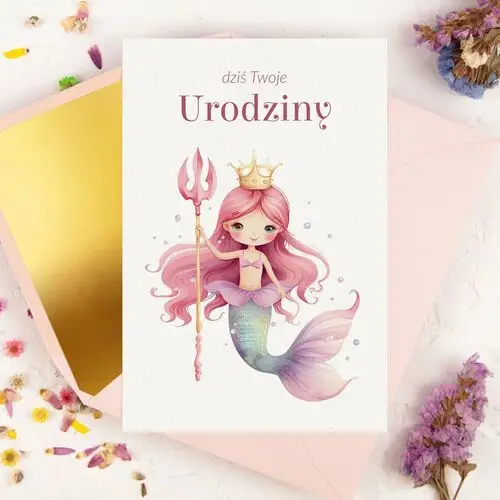 Lily zaproszenia Kartka na urodziny dla dziewczynki z piękną syrenką - cute mermaid + ozdobna koperta