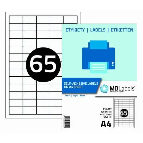 Mdlabels Etykiety naklejki samoprzylepne, 38x21,2mm- 65 szt na a4 - 100 ark- 6500 etykiet