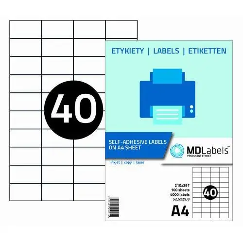 Etykiety naklejki samoprzylepne, 52,5x29,8m- 40 SZT NA A4 - 100 ark- 4000 etykiet