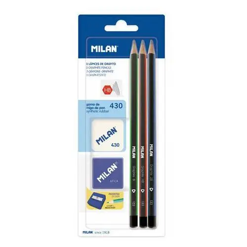 3 ołówki trójkątne+gumka 430+temperówka Milan polska