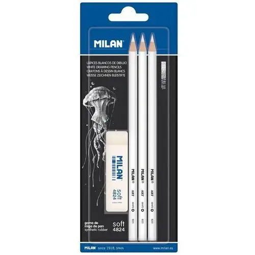 Milan polska Białe ołówki z grubym węglowym grafitem 3 szt. + gumka na blistrze