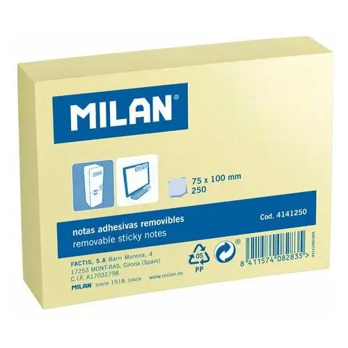 Karteczki Samoprzylepne Żółte Milan, 100 X 75Mm, 250 Szt
