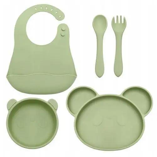 Naczynia silikonowe dla dzieci, talerzyk+miseczka +sztućce+śliniak, zielony