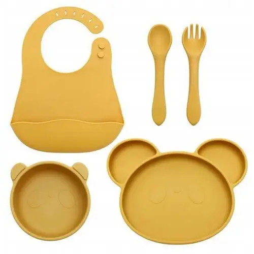 Naczynia silikonowe dla dzieci, talerzyk+miseczka +sztućce+śliniak, żółty