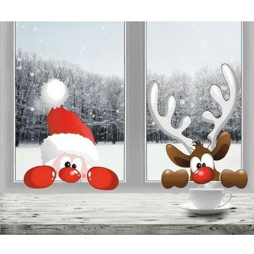 Naklejki świąteczne mikołaj i renifer w oknie 65cm Naklejkiozdobne