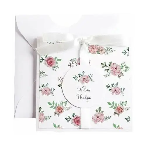 Kartka Okolicznościowa na Urodziny - Biała Vintage - Kwiaty Różowe - Karnet urodzinowy
