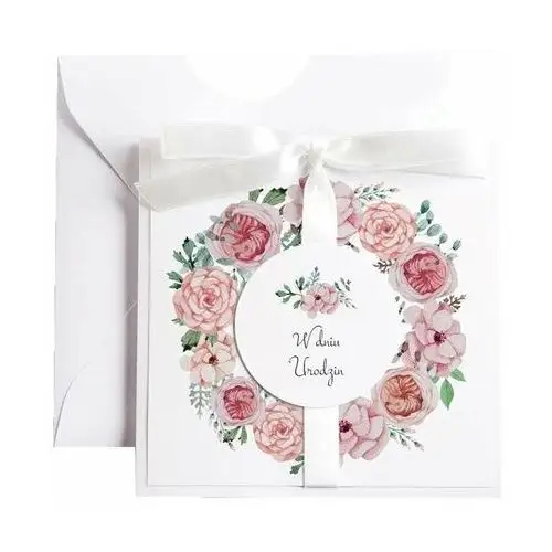 Ochprosze Kartka okolicznościowa na urodziny - biała vintage wianek - kwiaty różowe - karnet urodzinowy
