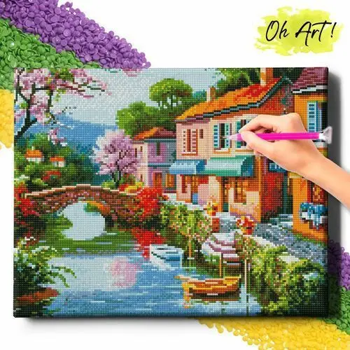 Oh art! Diamond painting 5d z ramą krajobraz haft diamentowy duży domy nad rzeką mozaika 40x50 cm