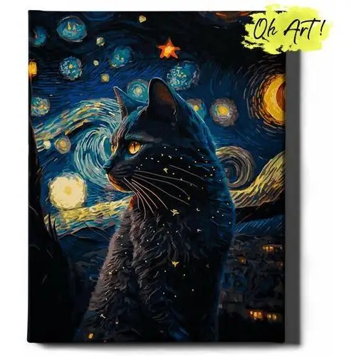 Malowanie Po Numerach 40x50cm Czarny kot i gwiazdy – Kreatywny Obraz do Malowania po numerach Zwierzęta – Oh Art