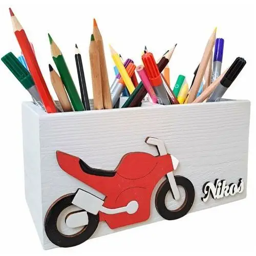 Drewniany organizer na biurko z czerwonym motocyklem dla chłopca