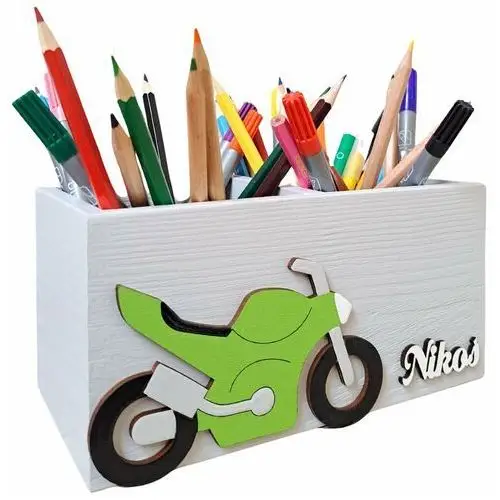 Prowansalska manufaktura Drewniany przybornik na biurko z motocyklem dla chłopca