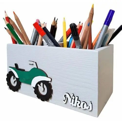 Prowansalska manufaktura Ręcznie malowany organizer na kredki z quadem na biurko dla chłopca