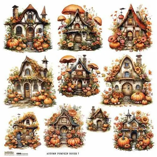 Scraplove.pl Naklejki papierowe 24x24 scraplove - autumn pumpkin houses 1 domki grzyby dynie