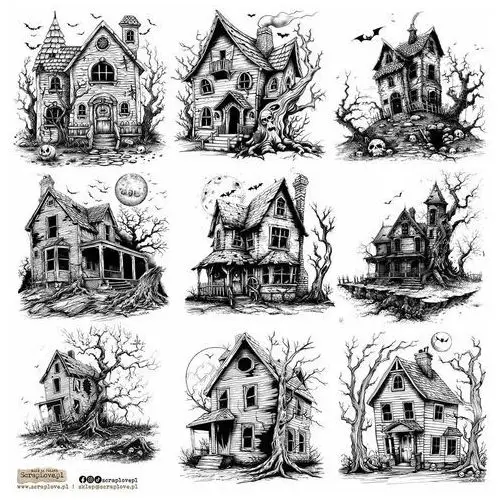 Scraplove.pl Naklejki papierowe 24x24 scraplove - black scarry house 1 straszne nawiedzone domy