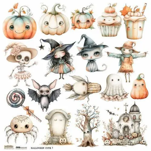 Naklejki papierowe 24x24 ScrapLove - Halloween Cute 1 dynie czarownica kot cmentarz