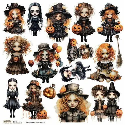 Naklejki papierowe 24x24 ScrapLove - Halloween Girls 1 dziewczynki z dyniami