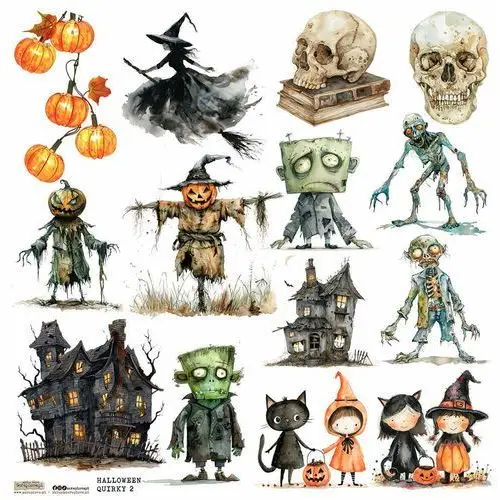 Naklejki papierowe 24x24 ScrapLove - Halloween Quirky 2 dynie czarownica czaszka zombie