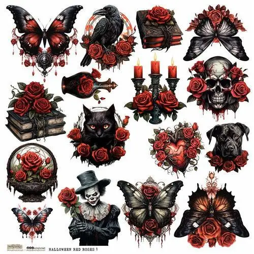 Scraplove.pl Naklejki papierowe 24x24 scraplove - halloween red roses 1 czerwone róże czaszka motyl