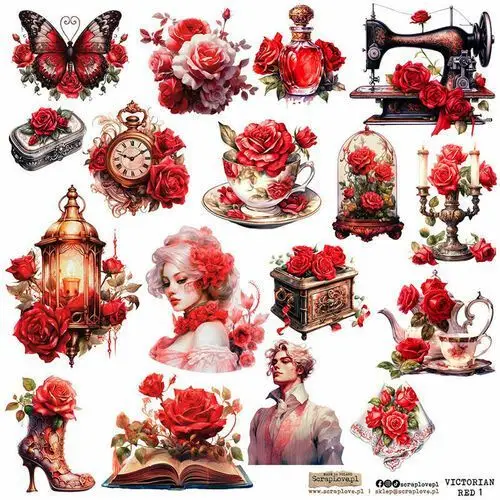 Naklejki papierowe 24x24 scraplove - victorian red 1 Scraplove.pl