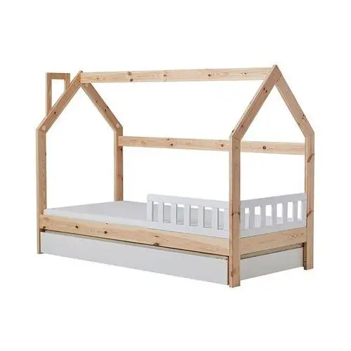 łóżko domek dla dzieci hussie z białą barierką, szufladą i materacem 70x160 cm Selsey