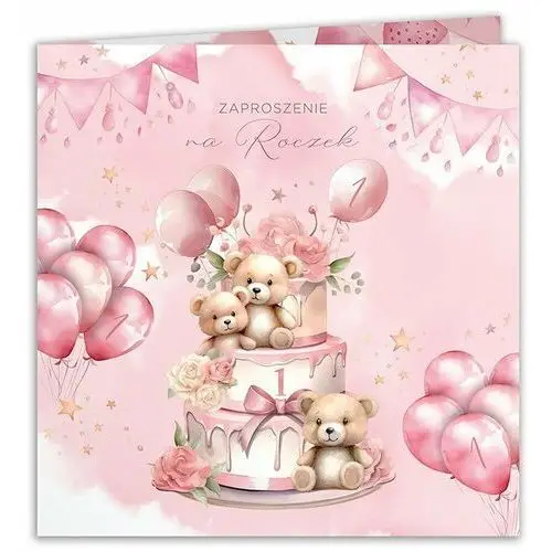 Sklepykoka Zaproszenia na roczek dziewczynki misie z tortem różowe 10szt (+koperty)