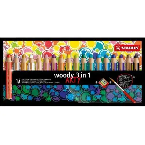 Kredki z temperówką i pędzelkiem Woody 3w1 Arty, 18 kolorów