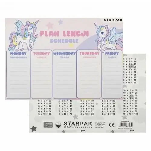 Plan lekcji z tabliczką mnożenia a5 unicorn 536139 Starpak