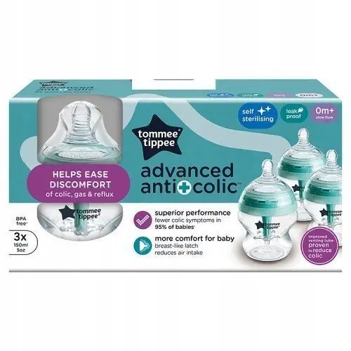 Tommee Tippee Zestaw butelek antykolka dla niemowląt 3szt Uk Bpa Free