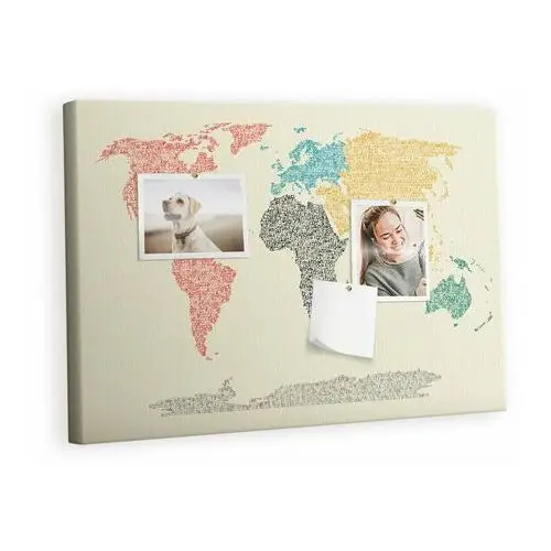 Kolorowy Organizer - Tablica Korkowa z Pinezkami - Mapa świata z liter 60x40 cm