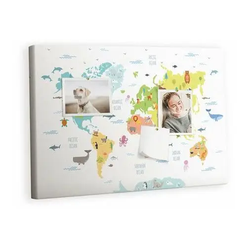 Kolorowy Organizer - Tablica Korkowa z Pinezkami - Mapa świata zwierząt 60x40 cm