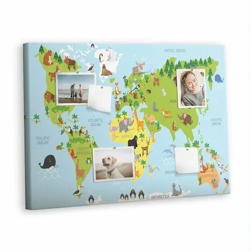 Korkowa Plansza z Pinezkami - 100x70 - Mapa świata ze zwierzętami