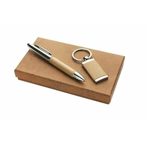 Zestaw upominkowy FRED składający się z długopisu oraz breloka wykonanych z metalu i drewna